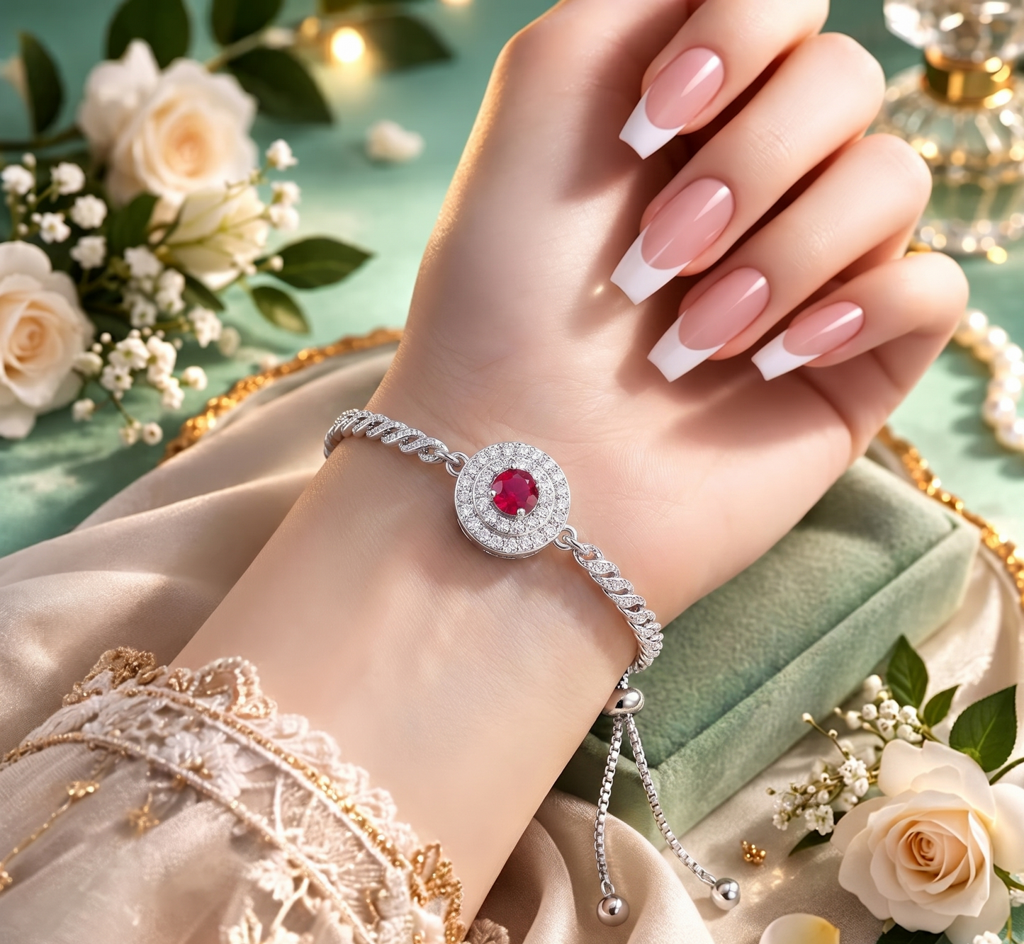 Ruby Red Halo Silver Adjustable Bracelet