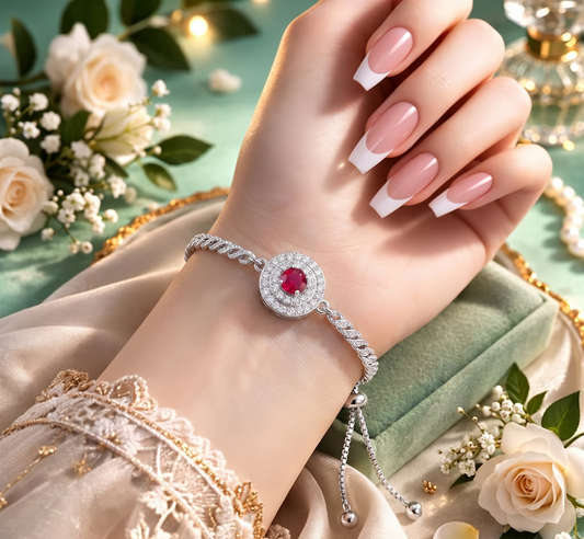 Ruby Red Halo Silver Adjustable Bracelet