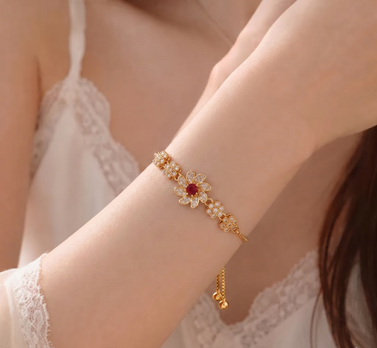 Ruby Floral Cluster Bolo Bracelet