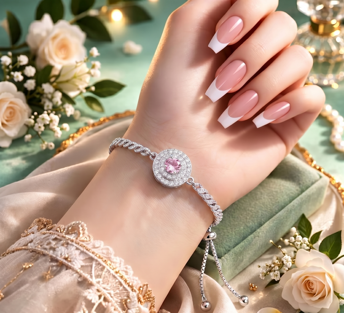 Rose Pink Halo Silver Adjustable Bracelet